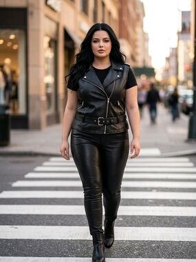 Black Faux Leather Moto Vest with Belt